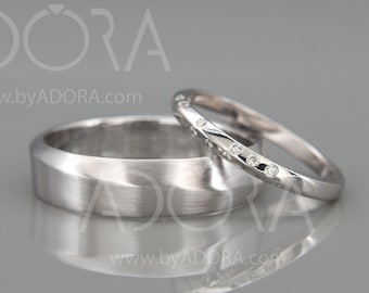 14k White Gold Knife Edge Wedding Band Set | His and Hers Wedding Ring Set | 14k White Gold Knife Edge Wedding Band set with Diamonds