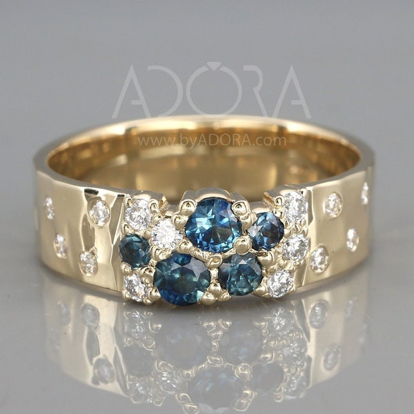 Handmade 14k Gold Peacock Sapphire Cluster Ring | Montana Sapphire Cluster Ring | Cluster Engagement Wedding Ring | Multi Stone Diamond Ring
