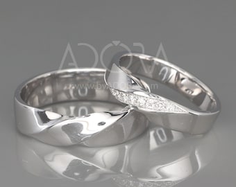 Handgemachte His and Hers Mobius Wedding Band Set | Weißgold Möbius Ehering mit Diamanten | Twist Ehering mit Diamanten besetzt