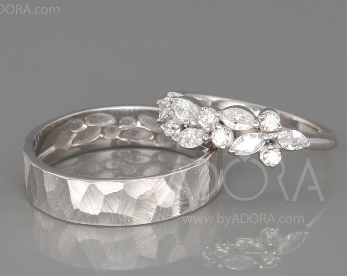 Featured listing image: Handmade Marquise Diamond Cluster Wedding Ring |  14K White Gold His and Hers Wedding Rings Set | Marquise Diamond Ring