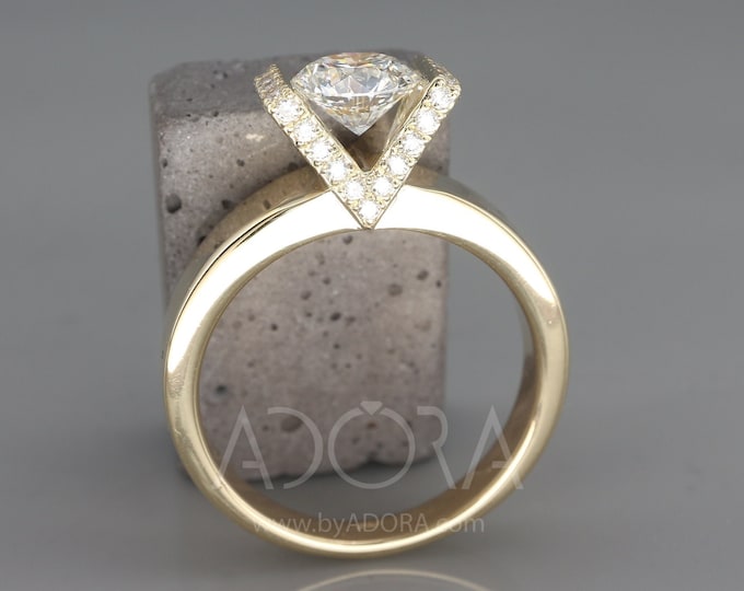 Featured listing image: 14K Solid Gold Lab Created Diamond Engagement Ring | 14k yellow gold lab grown diamond and tiny natural diamonds | Floating Diamond Ring
