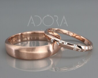 Handmade 14k Rose Gold Knife Edge Wedding Band Set | His and Hers Wedding Ring Set | 14k Rose Gold Knife Edge Wedding Band set with Diamonds