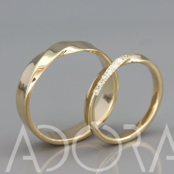 14k Gold Mobius Wedding Rings Set with Diamonds | His and Hers Mobius Diamonds Ring | 14k Gold Mobius Wedding Band set with Diamonds