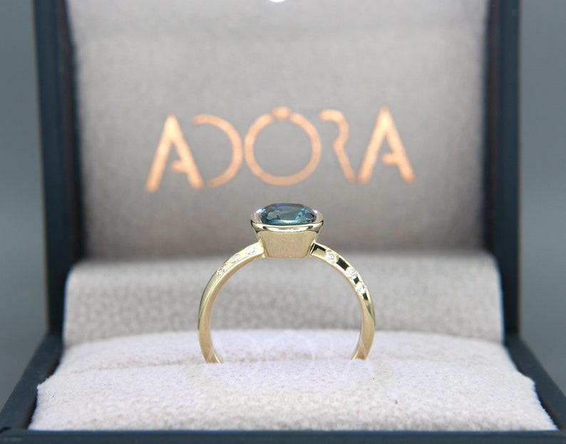 Engagement Gift Handmade Cushion Cut London Blue Topaz Engagement Ring | 14k Gold Knife Edge Ring with London Blue Topaz & Diamond image 6