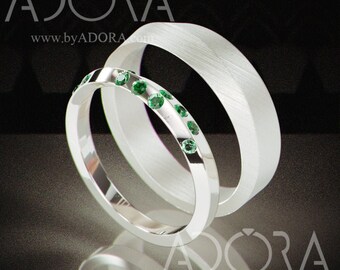 Handmade Emerald Knife Edge Wedding Band Set | His and Hers Wedding Ring Set | 14k White Gold Knife Edge Wedding Band set with Emeralds
