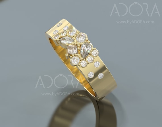 Handmade 14k Gold Pear Diamond Cluster Ring | Marquise Diamond Cluster Wedding Band | Princess Diamond Engagement Ring