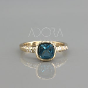 Engagement Gift Handmade Cushion Cut London Blue Topaz Engagement Ring | 14k Gold Knife Edge Ring with London Blue Topaz & Diamond image 2