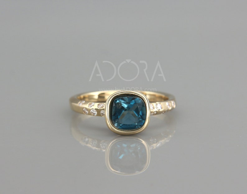 Engagement Gift Handmade Cushion Cut London Blue Topaz Engagement Ring | 14k Gold Knife Edge Ring with London Blue Topaz & Diamond image 2