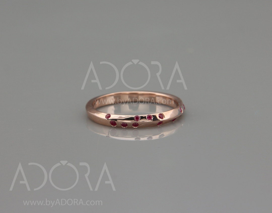 Handmade Knife Edge Wedding Ring Set With Rubies 14k Rose Gold Wedding