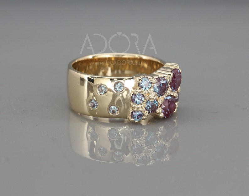 Handmade Lab Alexandrite Cluster Ring | Cluster Lab Alexandrite Engagement Ring | Multi Stone Lab Alexandrite Ring | Women Wide Gold Ring image 6