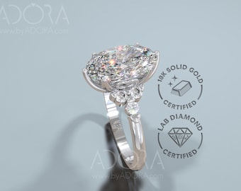 Oval Cut Engagement Ring: Three Stone Lab Grown Diamond, White Gold