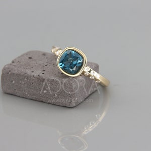Engagement Gift Handmade Cushion Cut London Blue Topaz Engagement Ring | 14k Gold Knife Edge Ring with London Blue Topaz & Diamond image 4