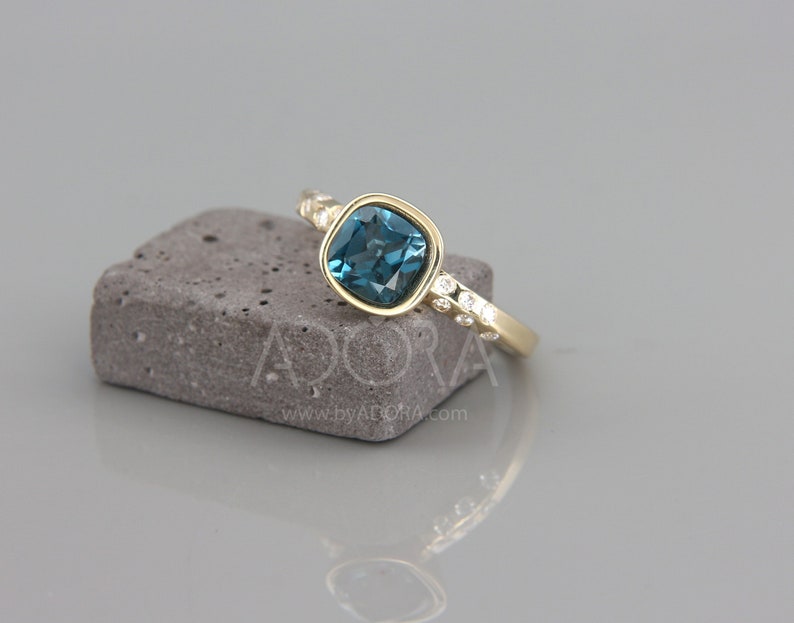 Engagement Gift Handmade Cushion Cut London Blue Topaz Engagement Ring | 14k Gold Knife Edge Ring with London Blue Topaz & Diamond image 4