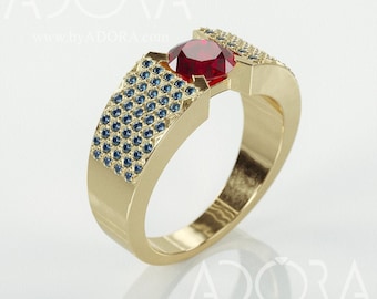 Handgemaakte ring van 14 karaats goud met robijn | Brede band met saffiercluster