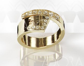 14k Gold Spiral Diamond Cocktail Ring | 14k gold Evening ring set with diamonds Spiral style | Asymmetric Spiral Dress Ring