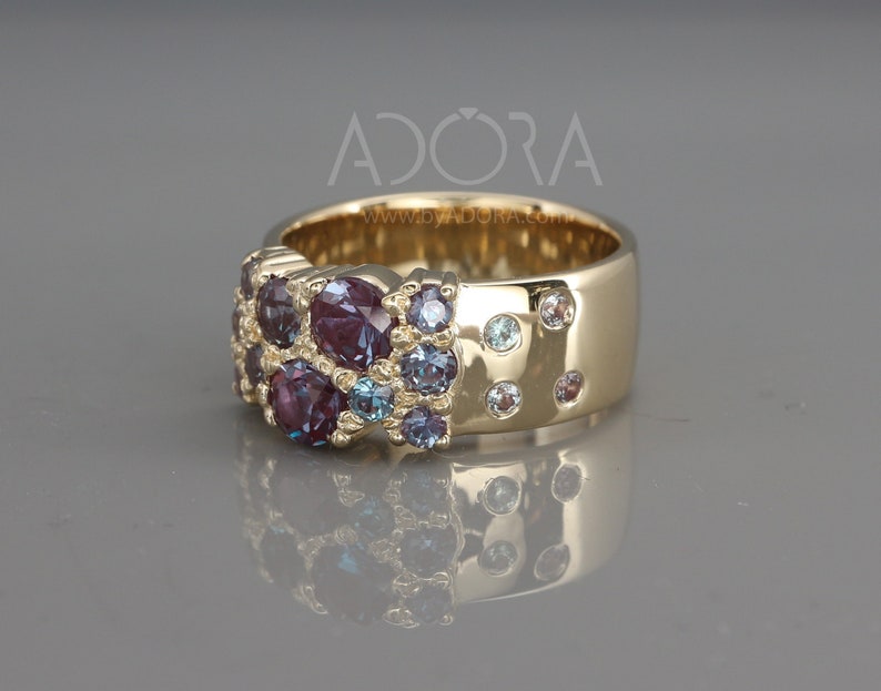Handmade Lab Alexandrite Cluster Ring | Cluster Lab Alexandrite Engagement Ring | Multi Stone Lab Alexandrite Ring | Women Wide Gold Ring image 5
