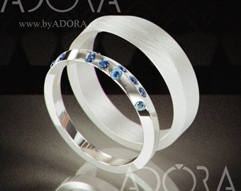 Blue Sapphire 14k White Gold Wedding Band Set | Knife Edge Rings