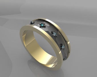 Handmade 14k Gold Wedding Band set with Blue Diamonds | 14k Gold Blue1 Diamonds Wedding Ring | Texture Black Rhodium Wedding Band