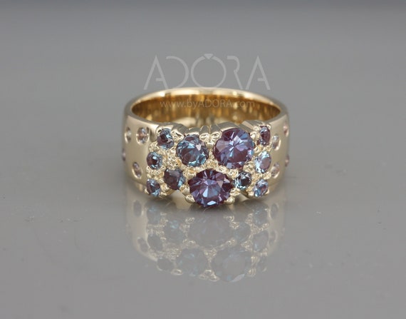 Handmade Lab Alexandrite Cluster Ring | Cluster Lab Alexandrite Engagement Ring | Multi Stone Lab Alexandrite Ring | Women Wide Gold Ring