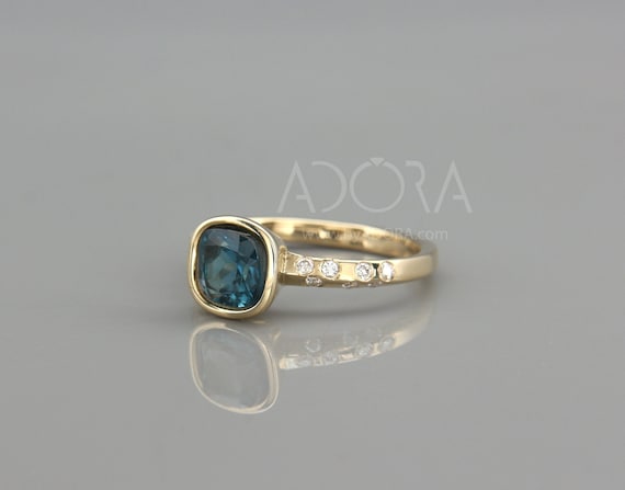 Engagement Gift Handmade Cushion Cut London Blue Topaz Engagement Ring | 14k Gold Knife Edge Ring with London Blue Topaz & Diamond