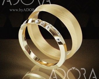 Handmade 14k Gold Knife Edge Wedding Band Set | His and Hers Wedding Ring Set | 14k Gold Knife Edge Wedding Band set with Diamonds