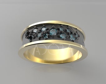 Handmade 14k Gold Cluster Wedding Band set with Blue Diamonds | 14k Gold Blue Diamonds Cluster Ring | Texture Black Rhodium Wedding Band