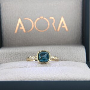 Engagement Gift Handmade Cushion Cut London Blue Topaz Engagement Ring | 14k Gold Knife Edge Ring with London Blue Topaz & Diamond image 5