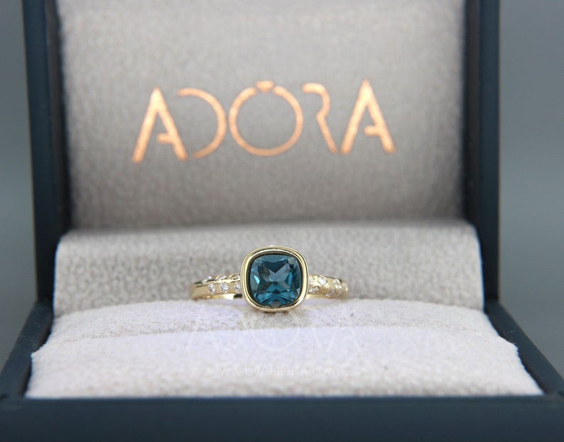 Engagement Gift Handmade Cushion Cut London Blue Topaz Engagement Ring | 14k Gold Knife Edge Ring with London Blue Topaz & Diamond image 5