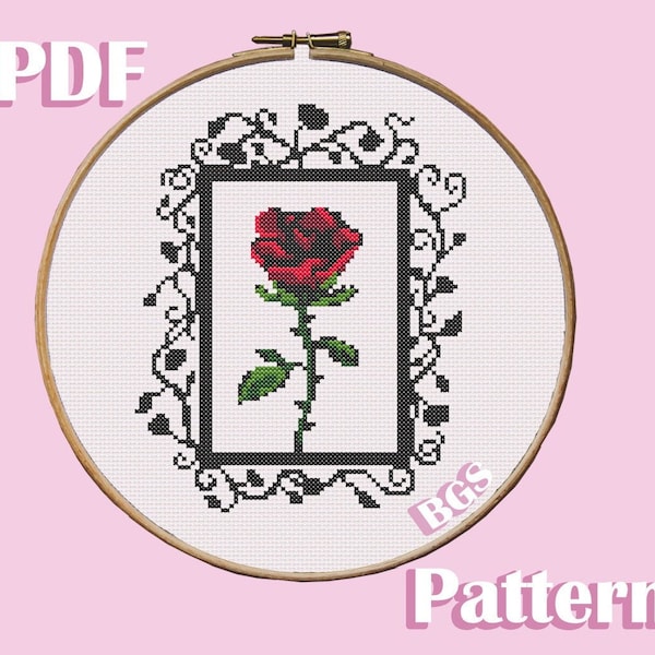 Gothic framed rose cross stitch pattern, PDF instant download chart, goth embroidery