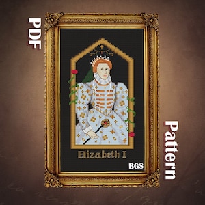 Victorian Queen Elizabeth I cross stitch pattern, PDF instant download chart, gothic embroidery black aida