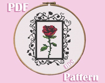 Gothic framed rose cross stitch pattern, PDF instant download chart, goth embroidery