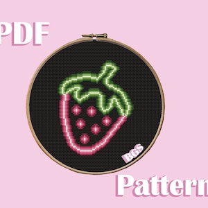 Neon Strawberry cross stitch pattern, PDF instant download chart, cute embroidery