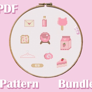 Pink Clutter cross stitch pattern BUNDLE, PDF instant download chart, cute aesthetic embroidery for Beginners