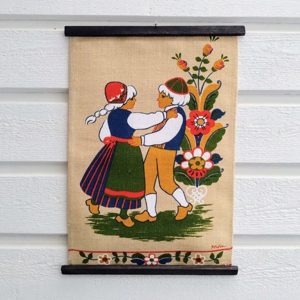 Swedish, Decorative, Wall Hanging, Frösö Handtryck, Signed, 70s, Printed tapestry, Dalarna, Kurbits, Nordic, Scandinavian, Decor