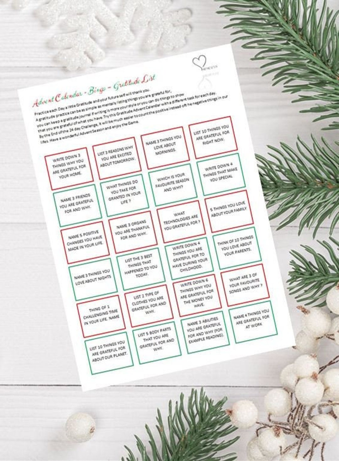 Advent Calendarbingo Gratitude List Printable Etsy