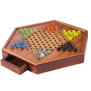 Handmade Wooden Chinese Checkers Board Game: 15" Marble Family Game