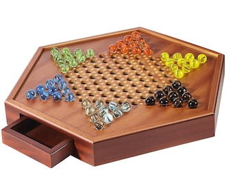 Handmade Wooden Chinese Checkers Board Game: 15" Marble Family Game