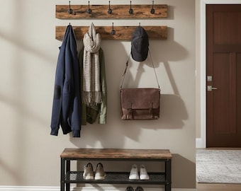 Entryway Bench with Storage, Rustic Wood Shoe Bench, Metal Organizer