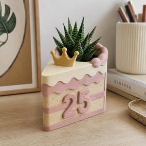 May include: A cake-shaped planter in cream and pink with a gold crown accent on top. The side features the number 25 in raised pink lettering. A green succulent plant is potted inside the top section of the cake slice, which has a wavy pink frosting design.
