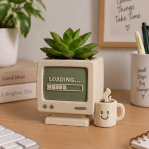May include: A cream-colored planter shaped like a vintage computer monitor with a green screen displaying the text LOADING... and a loading bar. A small, matching cream-colored mug with a smiling face and steam sits beside the monitor base.