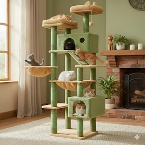 May include: A multi-level cat tree in shades of green and beige. Several cats are lounging on the platforms, in the cubbies, and in the hammock-style beds. The cat tree has scratching posts and a dangling toy.