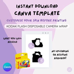 Peut inclure: Un modèle Canva à télécharger instantanément pour un emballage d'appareil photo jetable Kodak Flash. L'image comprend une boîte d'appareil photo Kodak jaune, des contours noirs d'appareil photo et du texte.