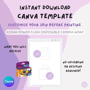 Puede incluir: Plantilla digital de Canva para una envoltura de cámara desechable Kodak Power Flash. La imagen incluye el texto "Descarga instantánea Plantilla Canva" y "Personaliza tu piel antes de imprimir".