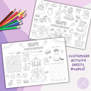 May include: Black and white printable activity sheets for a child's birthday party. The sheets feature a princess theme with a maze, connect the dots, tic-tac-toe, and a word search. The text on the sheets reads "Ella's Fourth Birthday".