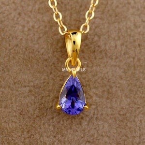 Blauer Saphir Tropfen Anhänger für Frauen, 14K Gold Birthstone Anhänger Halskette Für Sie, Zarte Braut Halskette, Solitär Anhänger Kette