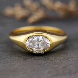 Anel de casamento de moissanita com corte oval de 1 ct, anel de noivado oval alongado, anel solitário com engaste de ouro maciço 14K, anel de aniversário