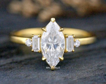 Anillo de moissanita con diamantes de talla marquesa: anillo de compromiso vintage de baguette en oro de 14 quilates