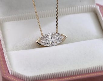 2CT Marquise Lab Grown Diamond Pendant Necklace IGI Certified | 14K Solid Gold East West Solitaire Diamond Necklace |Minimalist Gift for Her