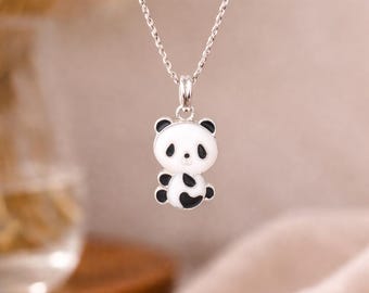 Handgemachte Panda Bär Anhänger Halskette, Sterling Silber Emaille Tier Schmuck, niedlicher kleiner Panda Anhänger, Kinder Panda Halskette, Kawaii Schmuck