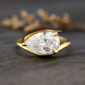 Pear Cut Moissanite Diamond Engagement Ring, East West Pear Cut Ring, Horizontal Pear Cut Wedding Ring, 14K Gold Three Prong Set Ring